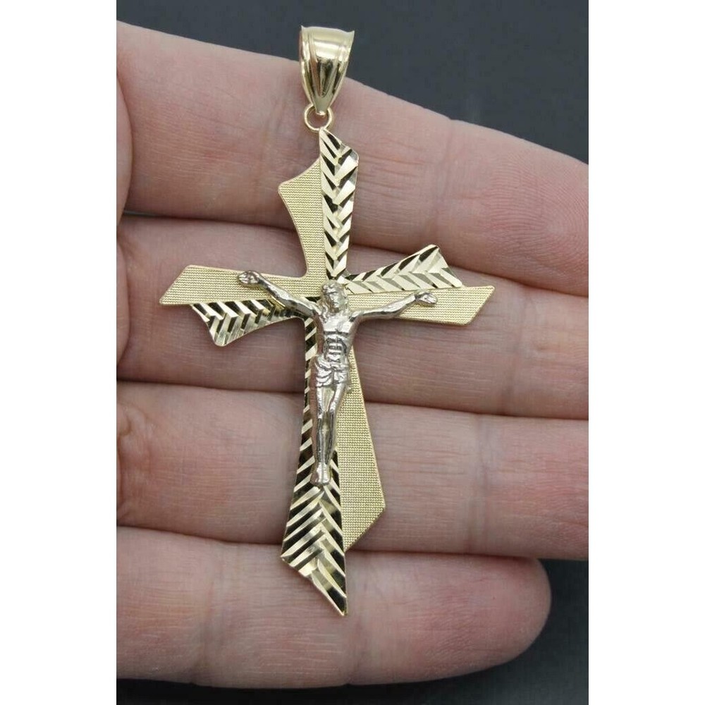 Real Solid 10K Yellow Gold Diamond-Cut Cross Charm Diamond-Cut Pendant 5.8gr